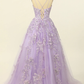 Gorgeous V-Neck Tulle Long Prom Dress with Lace Appliques Y33