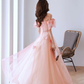 Pink Off Shoulder Tulle Long Prom Dress, Pink Tulle Formal Dress Y584