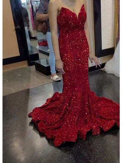 Sweetheart Mermaid Prom Dress Red Sequins Evening Dress Shiny Party Dress Y274