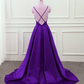 Dark Purple Satin Cross Back Straps V-Neckline Party Dress, New Prom Dress Y1049