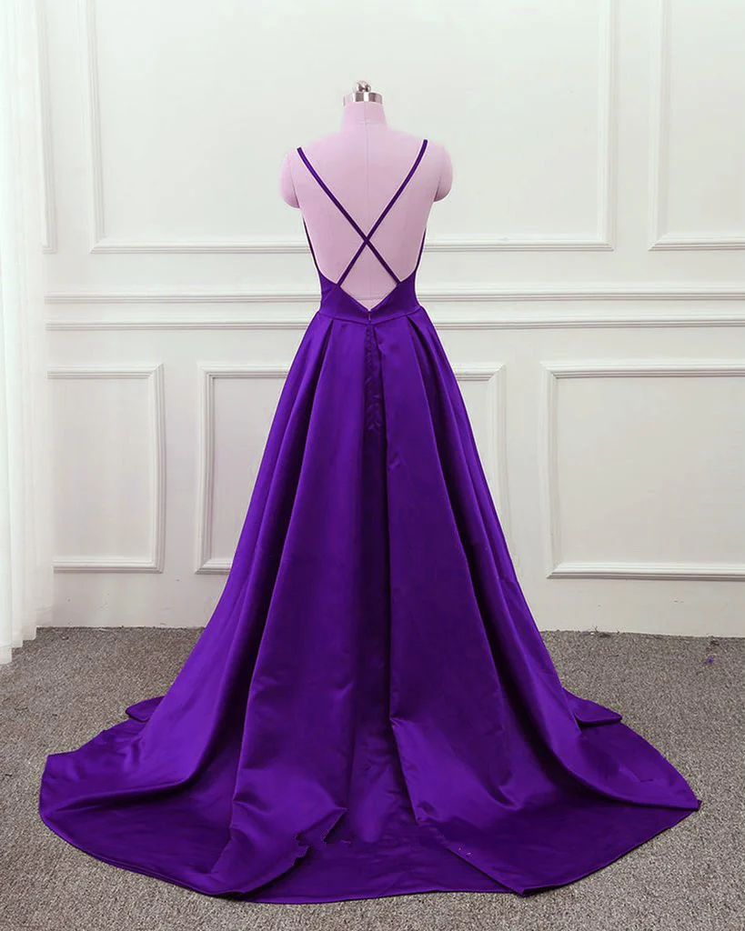 Dark Purple Satin Cross Back Straps V-Neckline Party Dress, New Prom Dress Y1049