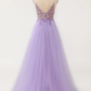 Sexy Purple V Neck Beaded Tulle Long Prom Dress,Graduation Dress Y1348