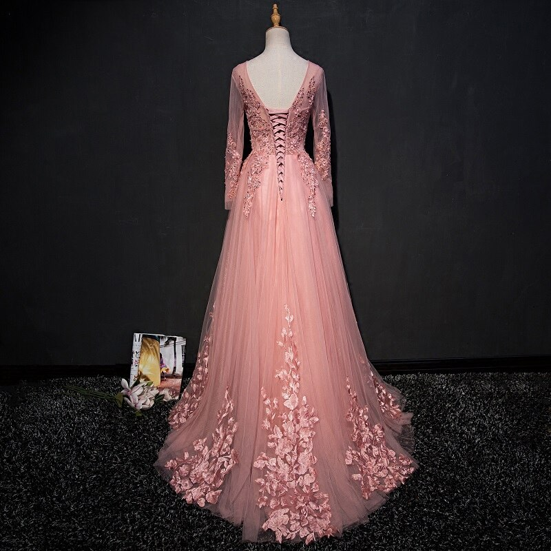 CHIC A-LINE SCOOP FLOOR LENGTH PINK TULLE APPLIQUE PROM DRESS EVENING DRESS Y1177