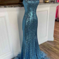 Long Sequined Blue Straps Prom Dress with Feather Hem Y340