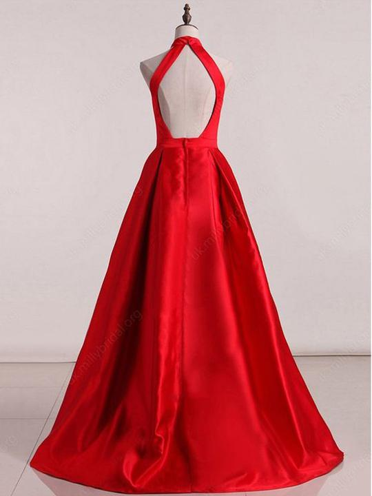 Sleeveless Halter Open Back Prom Dresses,A Line Satin Evening Dresses Y941