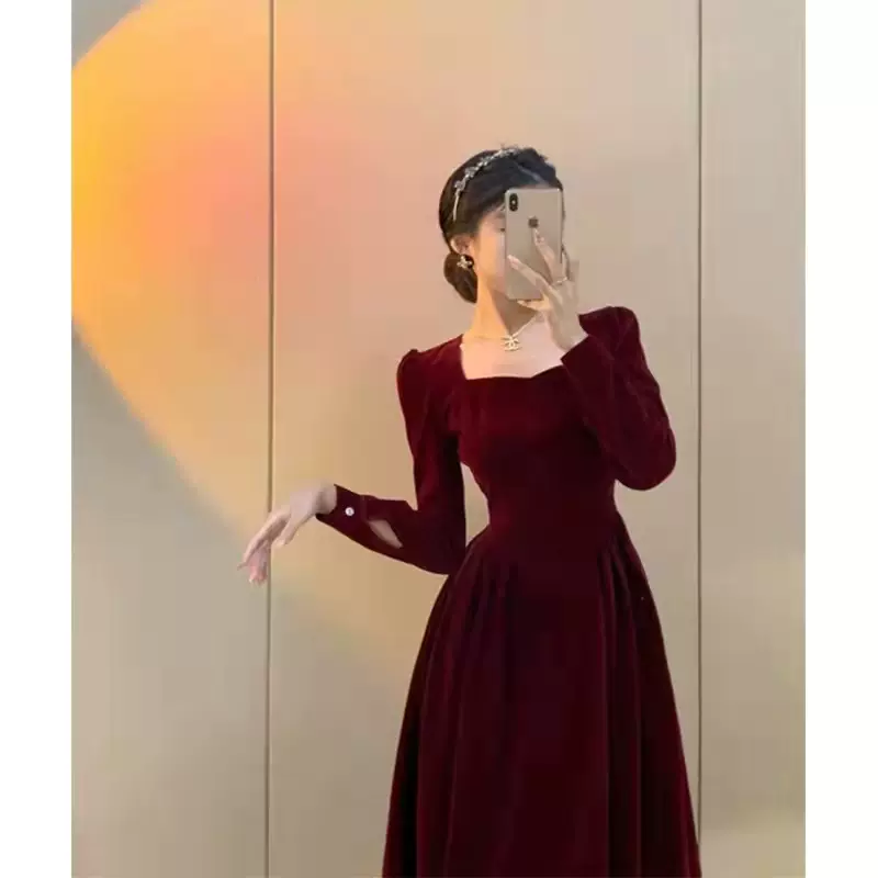 Vintage Burgundy Velvet Prom Dress With Long Sleeves,New Years Party Dress Y1168