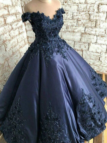 Off The Shoulder Navy Blue Formal Ball Gown Y1445