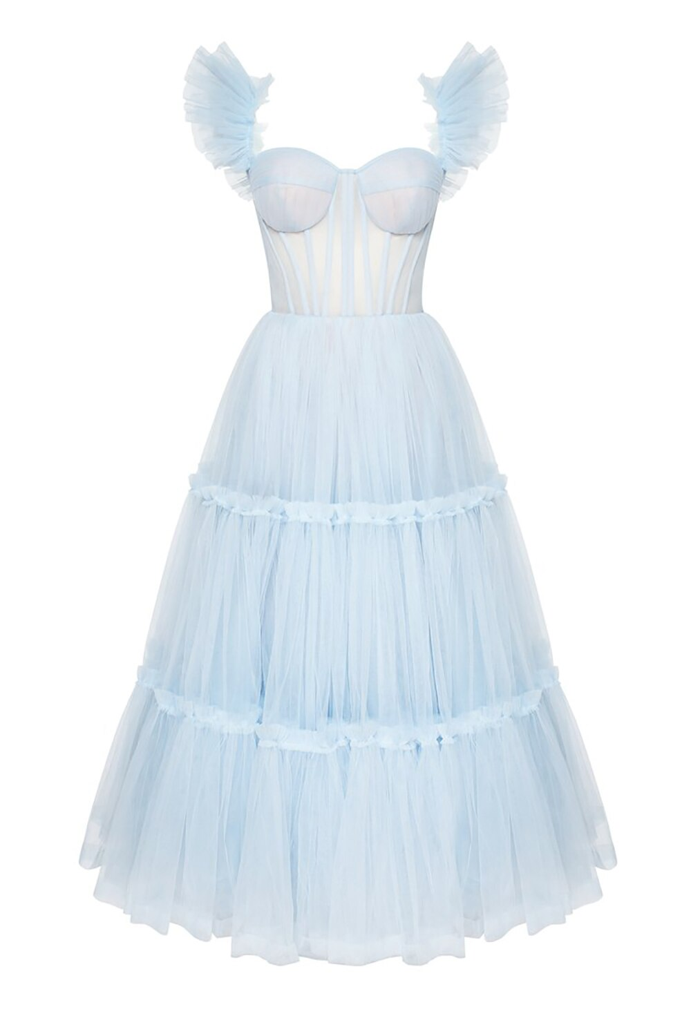 Ruffled Sleeves Tulle Prom Dress, Tiered Ruffled A-line Skirt, Bridesmaid Party Dress, Graduation Dress Y1246