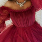 Burgundy Tulle Evening Dress With Long Sleeves Y503