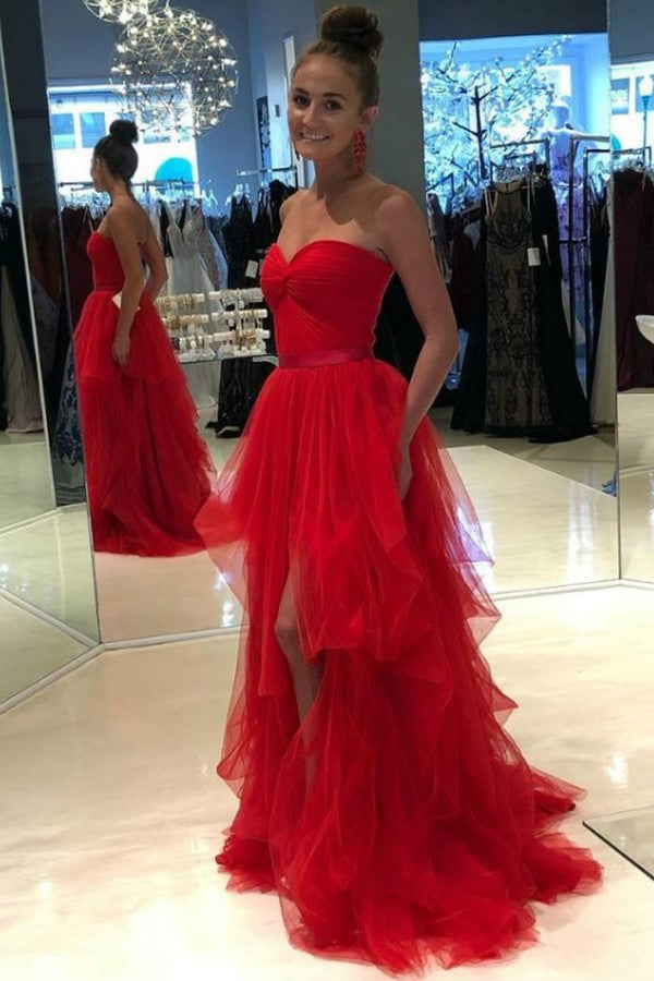 Sweetheart Backless Red Evening Dresses Tulle Ruffled Y1237