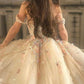 Gorgeous Off Shoulder Champagne Lace Floral Prom Dress, Long 3D Flower Champagne Formal Evening Dress, Champagne Ball Gown S20716