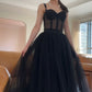 Classy A-line Straps Black Tulle Prom Dress,Black Formal Gown Y1070