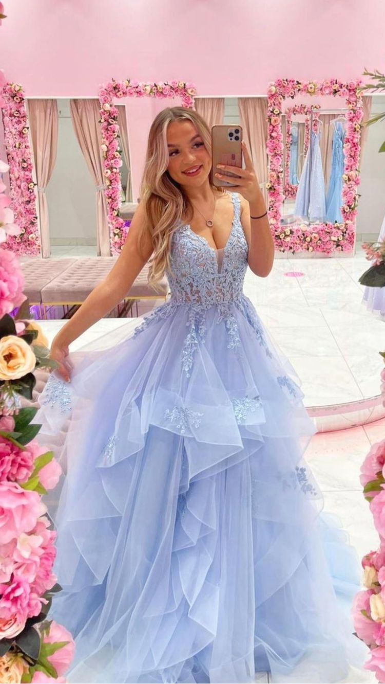 Blue v neck tulle lace long prom dress blue evening dress Y686
