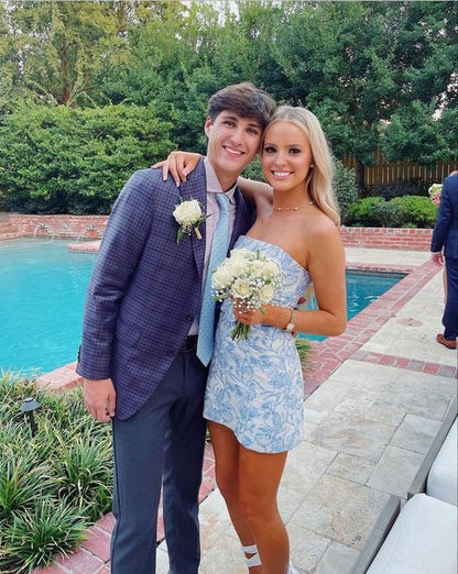 Brocade Blue Strapless Short Homecoming Dress,Summer Outfit Dress  Y1517