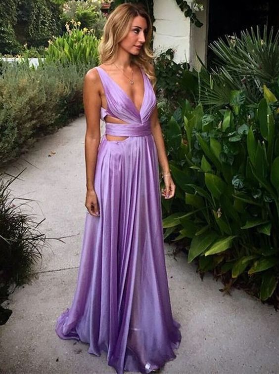 Sexy Deep V Neck Silk Satin Prom Dress A Line Backless Pleated Evening Dress Y1503