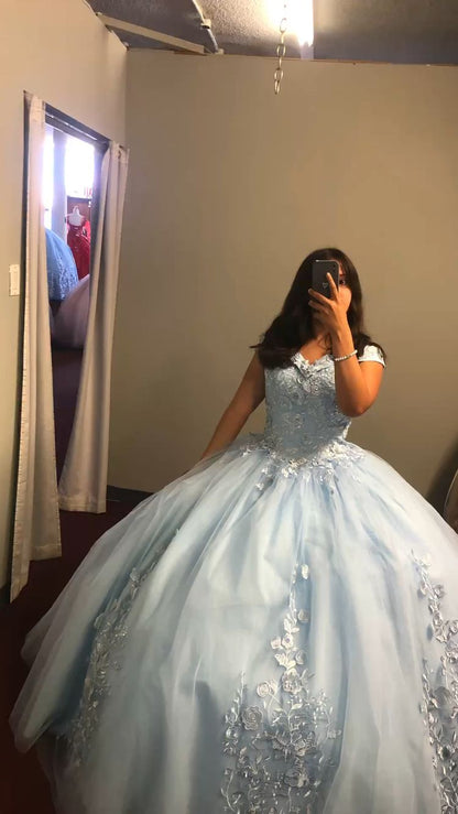 Off The Shoulder Blue Tulle Lace Quince Dress,Puffy Blue Ball Gown Sweet 16 Dress Y1499