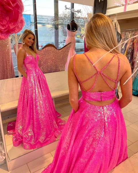 Sparkly Ball Gown V Neck Hot Pink Sequins Long Prom Dress with Beading Y1483