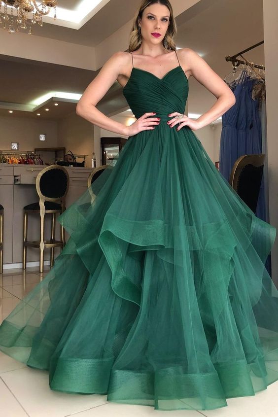 Emerald Green Tulle A-Line V Neck Prom Dress,Formal Graduation Dress Y1505