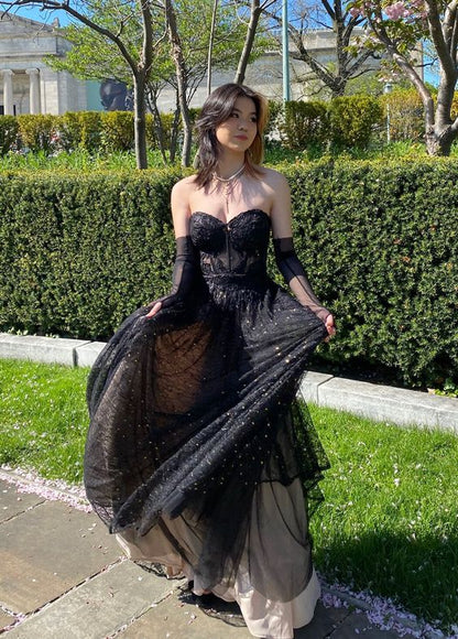 strapless black sparkly layered prom dress,chic black prom gown Y1486