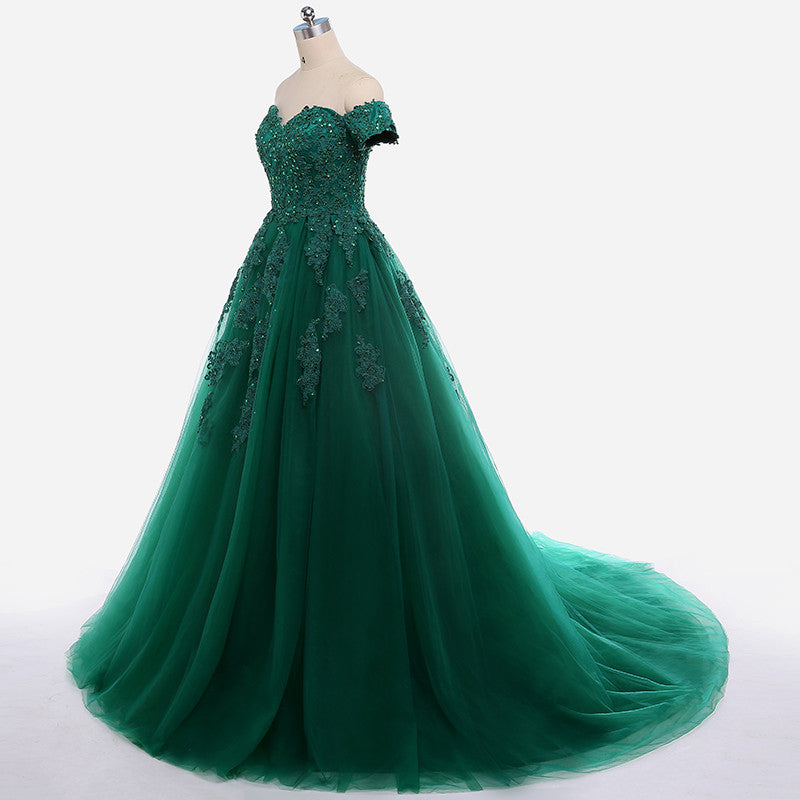 Sexy Dark Green Lace Applique Dresses Short Sleeve Ball Gown For 15 Prom Party Dress Custom Chapel Train Sweet 16 Dresses Y610