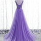 Purple Beaded V-neckline Tulle Sparkle Party Dress Evening Dress, Purple Tulle Prom Dress Y1008