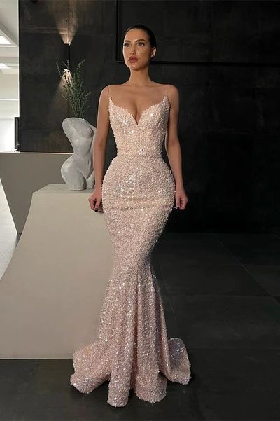 Gorgeous Spaghetti-Straps Sequins Prom Dress Mermaid Sleeveless Y88