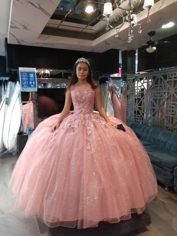Glitter Pink Tulle Appliques Ball Gown , Sweet 16 Dress , Pink Quinceanera Dress Y750