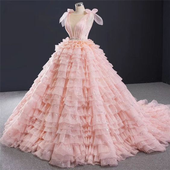 Sparkly Blush Pink Quinceanera Dresses Layered Ruffle Sweet 16 Dress Blush Pink Ball Gown Y476