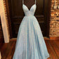Chic V Neck Sequin Long Prom Dress, A Line Formal Evening Dresses Y04