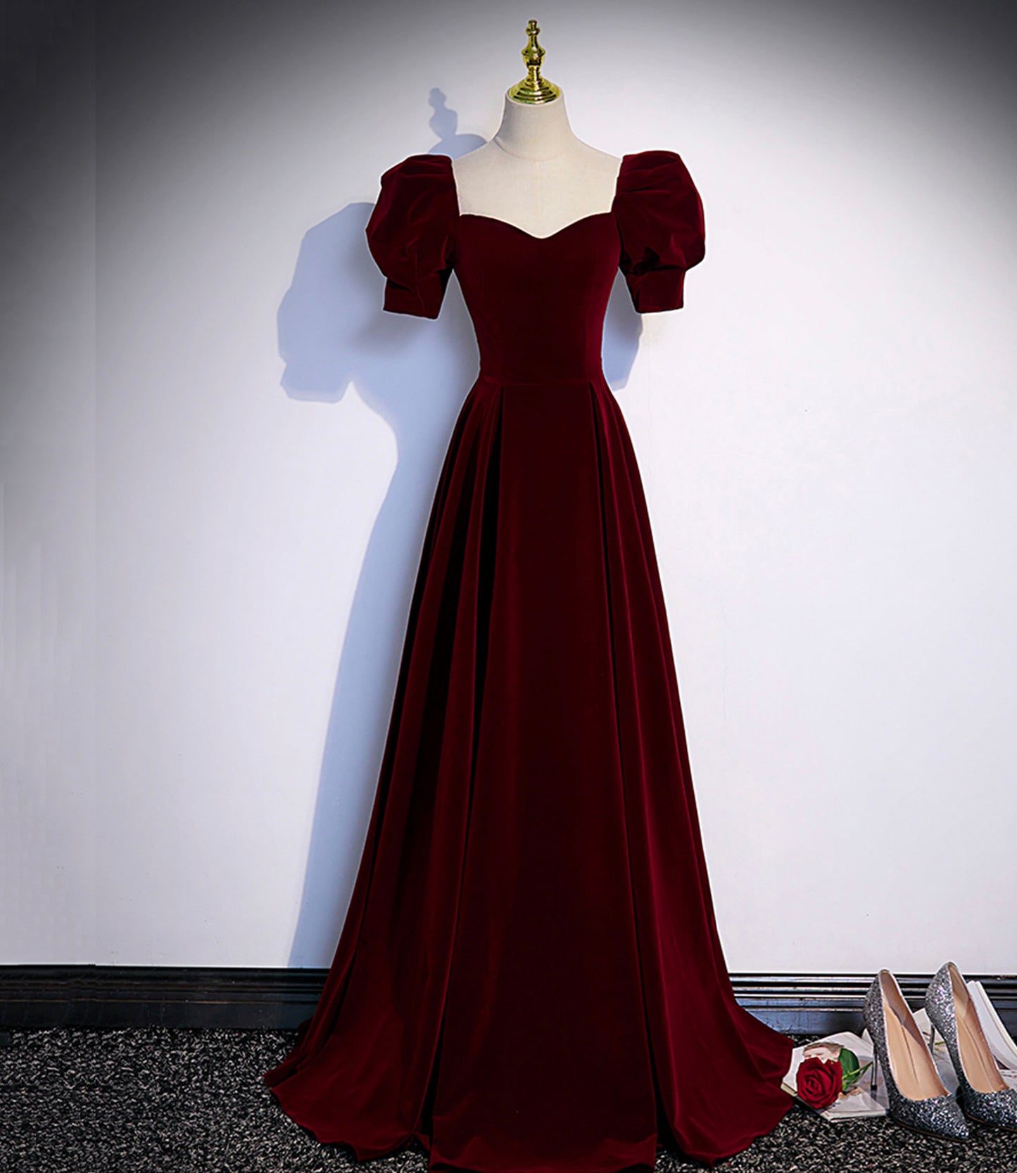 Burgundy velvet long prom dress evening dress  s88