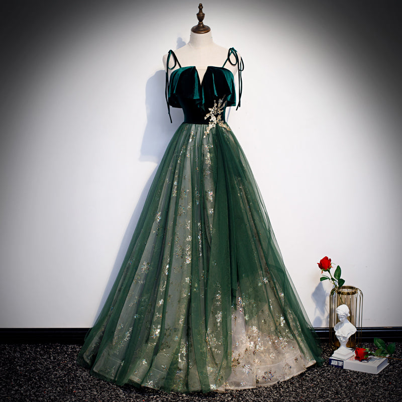 Green velvet tulle prom dress formal dress s101