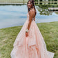 Pink spaghetti straps a line prom dress,layered evening gown,sparkle prom long dress Y1303