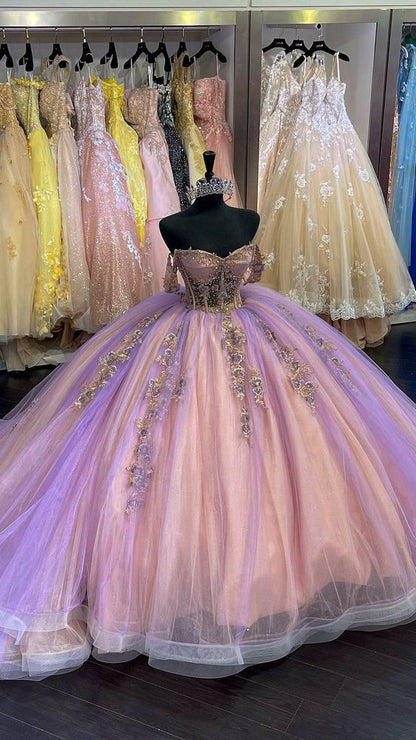 Elegant Off The Shoulder Ball Gown With Appliques ,Princess Dress,Sweet 15 Dress Y1388