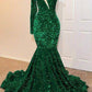 Fabulous Emerald Green Sequins Prom Dress Mermaid One Shoulder Long Sleeves Y1385