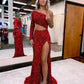 Sparkly Mermaid One Shoulder Dark Red Sequins Long Prom Dresses With Slit Y1407