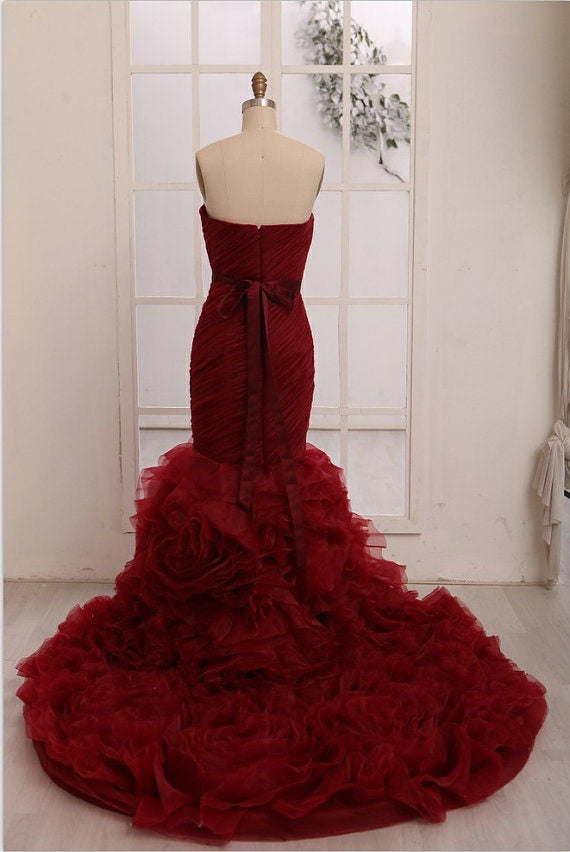 Red mermaid long prom dresses,gorgeous evening dresses,sweetheart strapless evening dresses Y1441