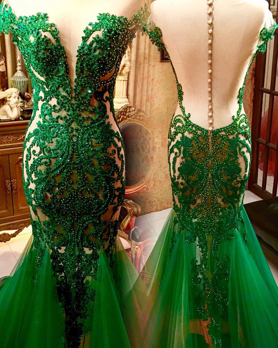 Illusion Back Green Mermaid Prom Dress with Beading Y1361