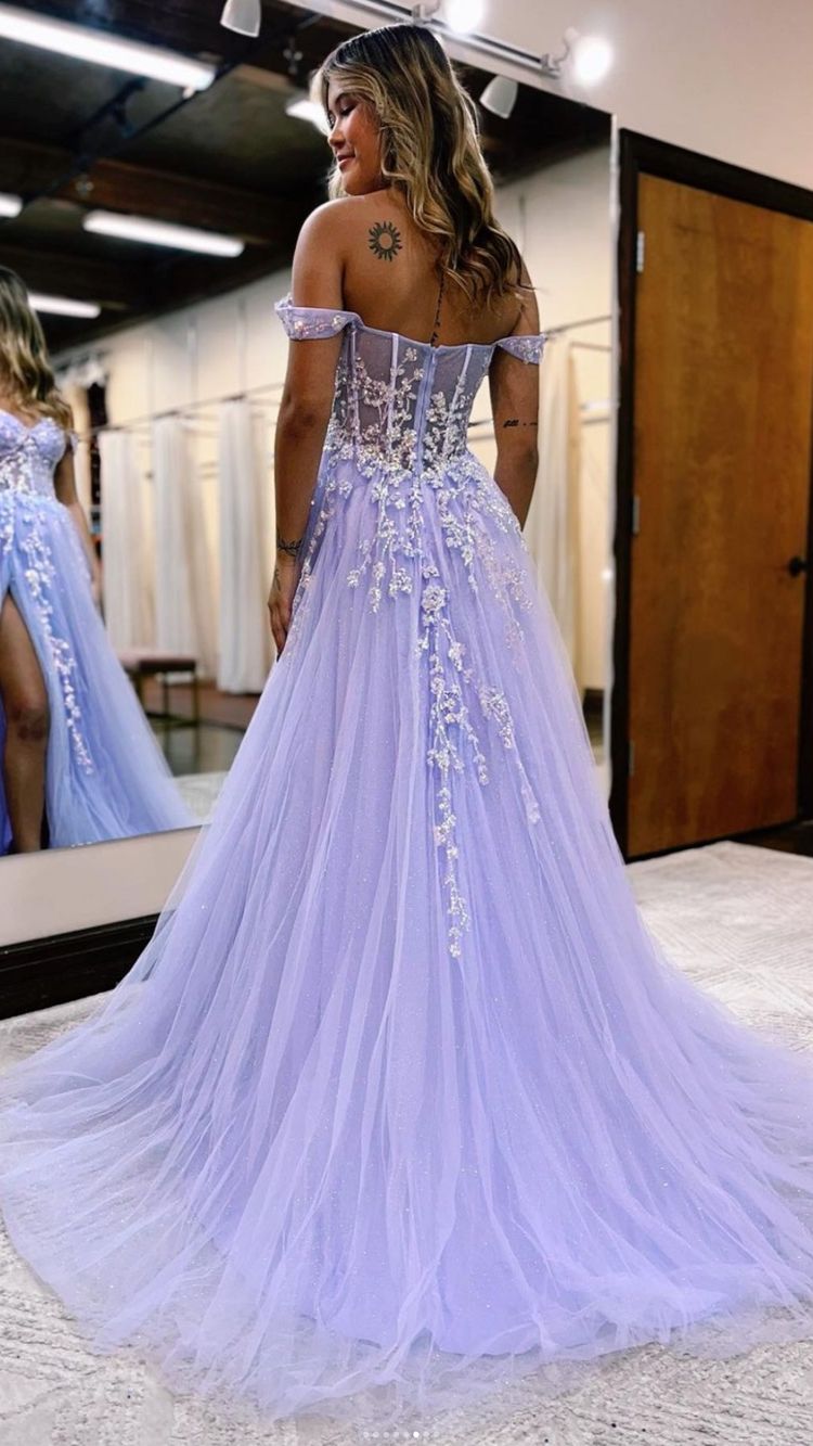 Elegant Off The Shoulder Purple Lace Long Prom Dress Y1452