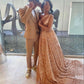 Sparkly Rose Gold Sequin Prom Dress With Train,Sexy Evening Gown Y1436
