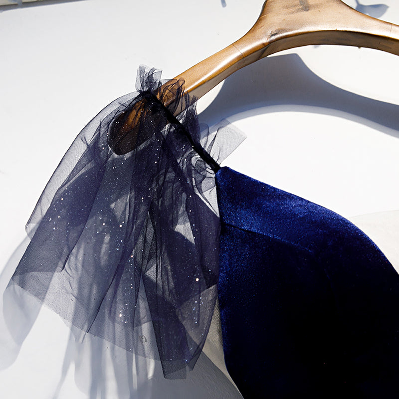 Blue v neck velvet top tulle short homecoming dress s98