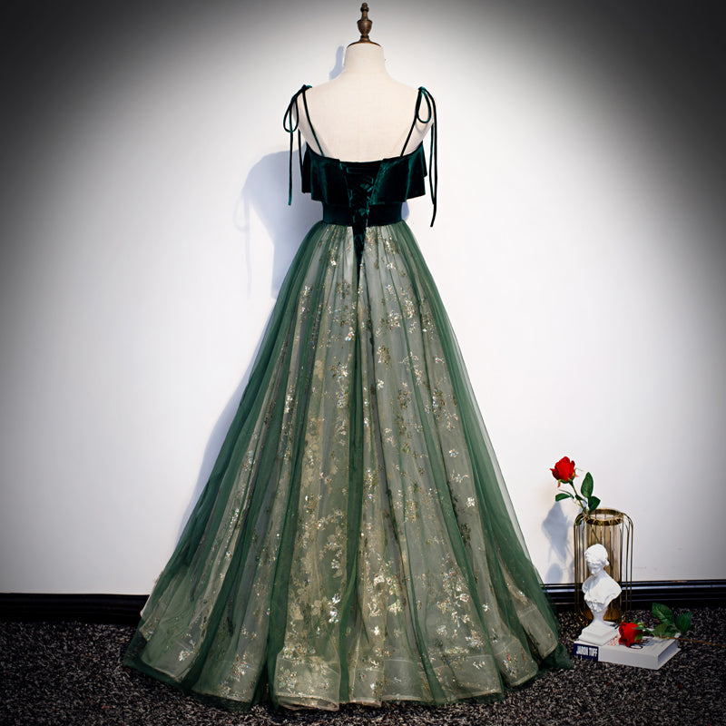 Green velvet tulle prom dress formal dress s101