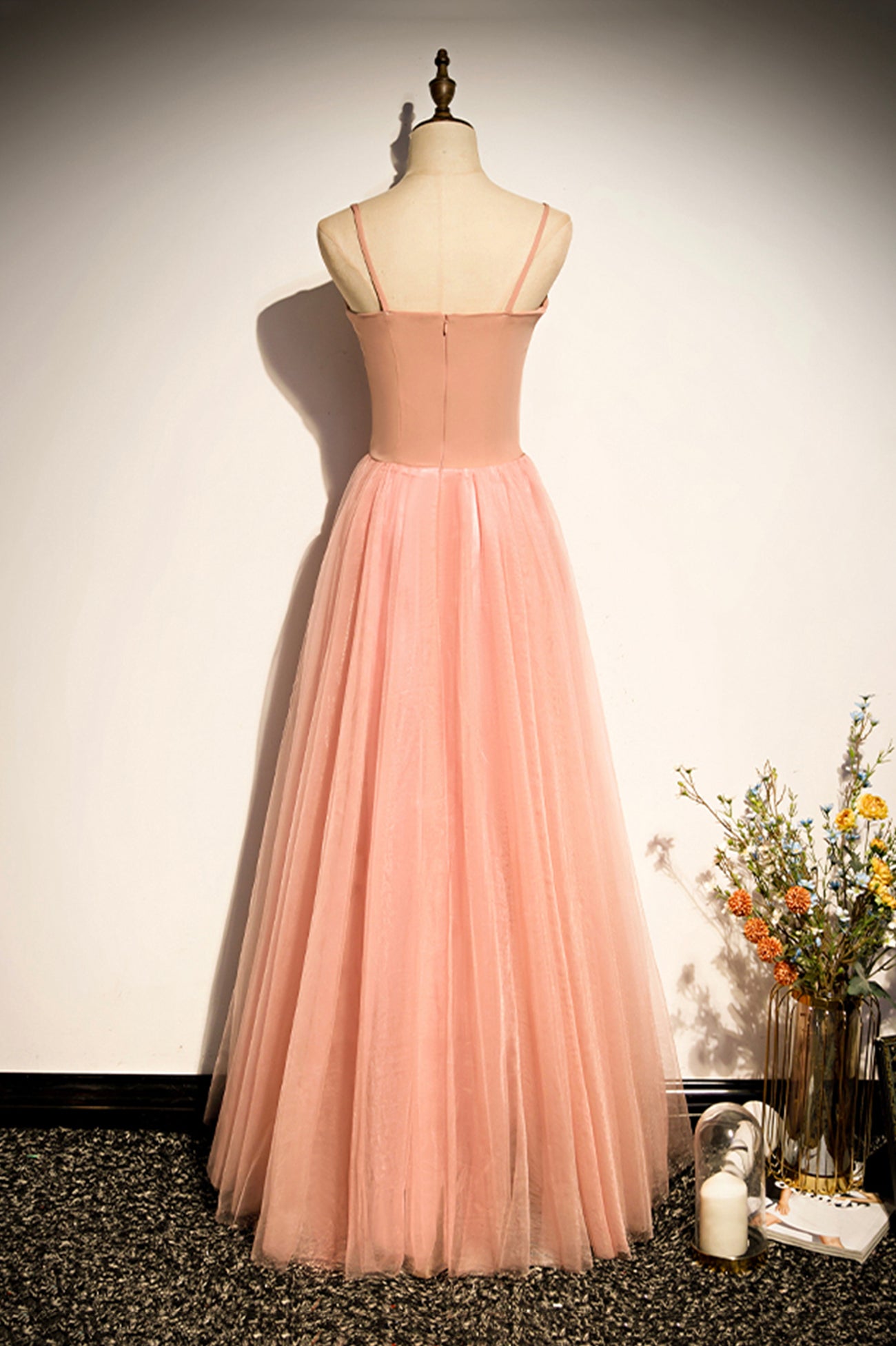 Pink tulle long prom dress A line evening dress s92