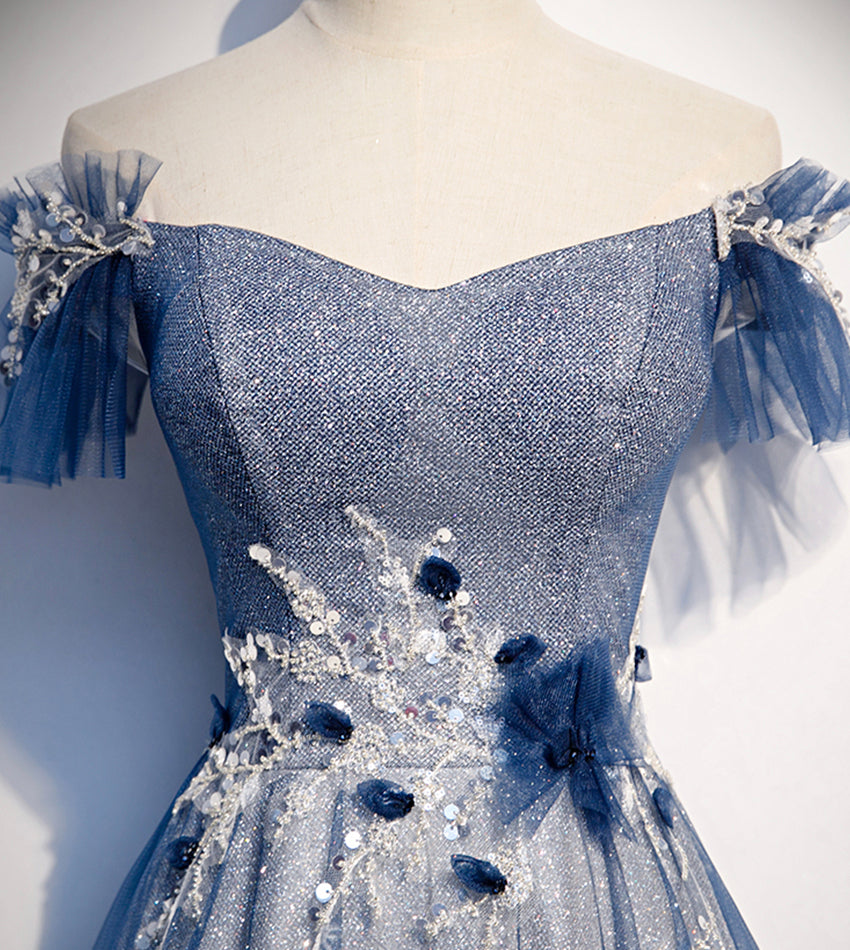Shiny tulle sequins long prom dress blue evening dress s102