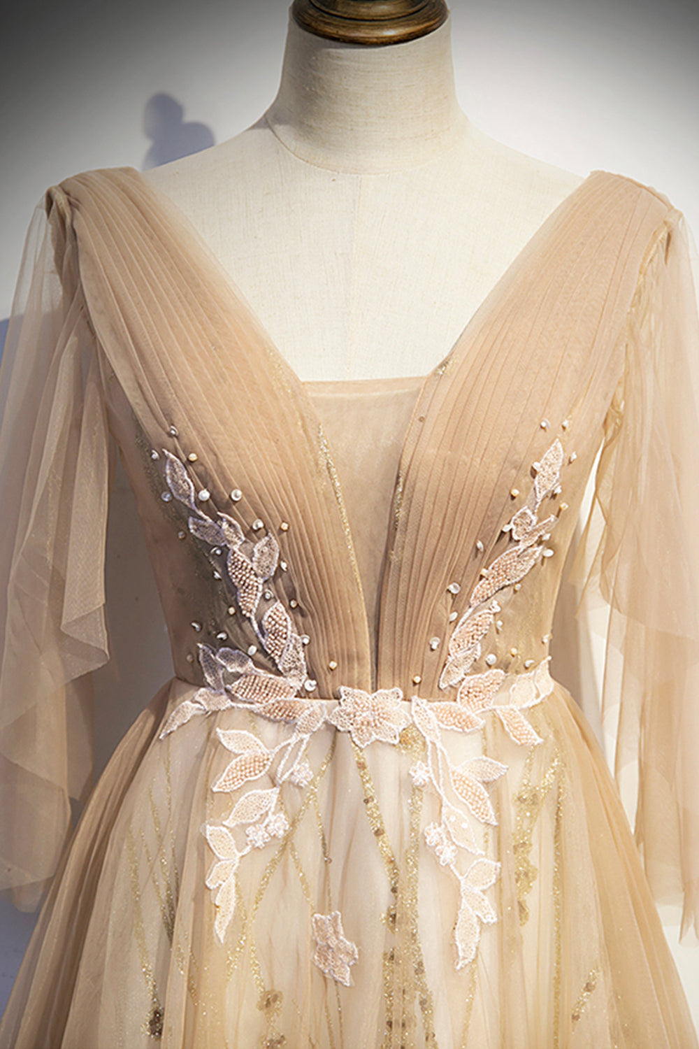 Champagne v neck lace long prom dress A line evening dress s77