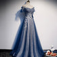 Shiny tulle sequins long prom dress blue evening dress s102