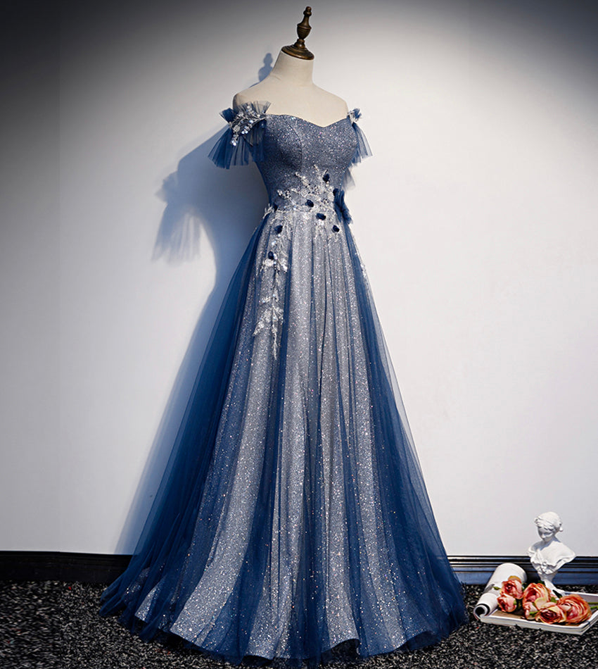 Shiny tulle sequins long prom dress blue evening dress s102