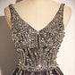 Stylish v neck tulle long prom dress A line evening dress s76