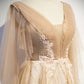 Champagne v neck lace long prom dress A line evening dress s77