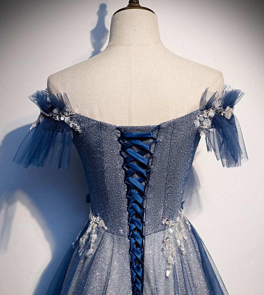 Shiny tulle sequins long prom dress blue evening dress s102