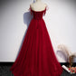 Burgundy tulle long prom dress evening dress s82